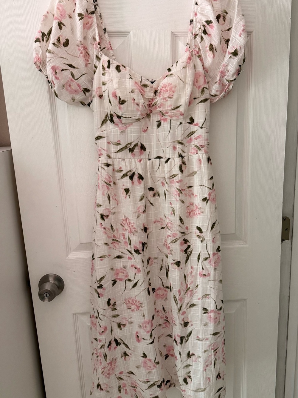 ASUS Romantic White Midi  Dress with Pink Floral pattern & Puff Sleeves